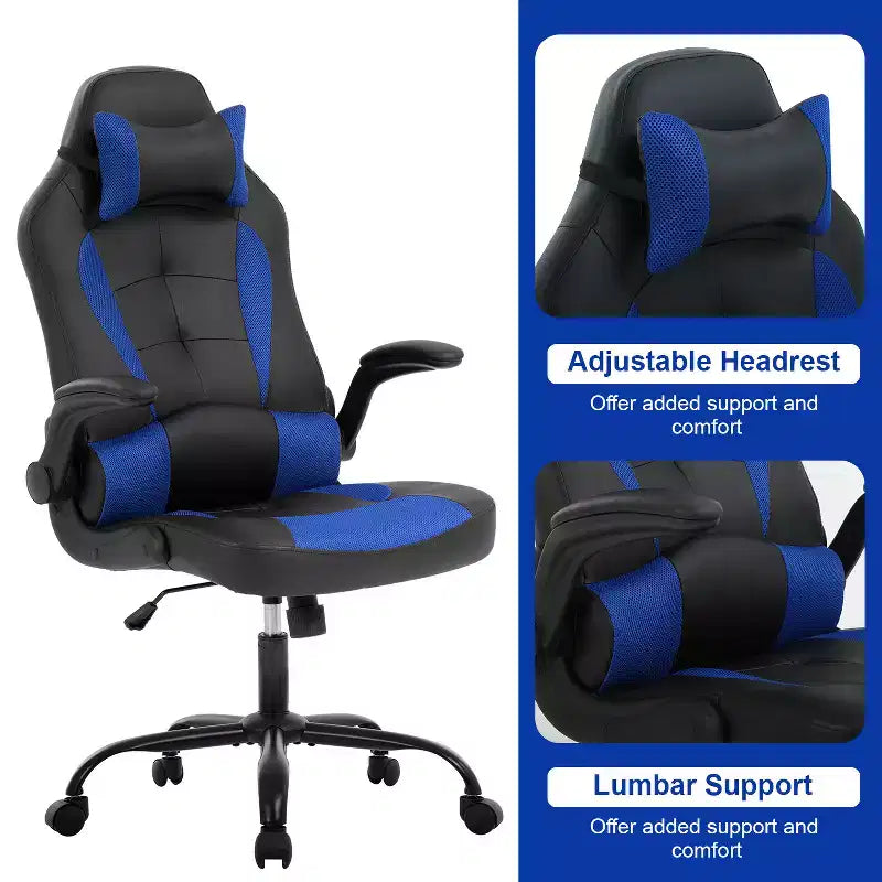 Chaise gaming BestMassage, chaise de bureau d'ordinateur avec soutien lombaire et appui-tête réglable et cuir PU, chaise gamer pour adultes