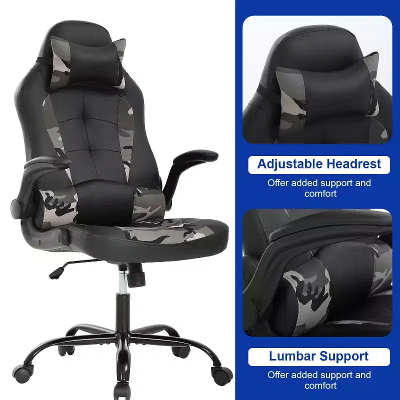 Chaise gaming BestMassage, chaise de bureau d'ordinateur avec soutien lombaire et appui-tête réglable et cuir PU, chaise gamer pour adultes