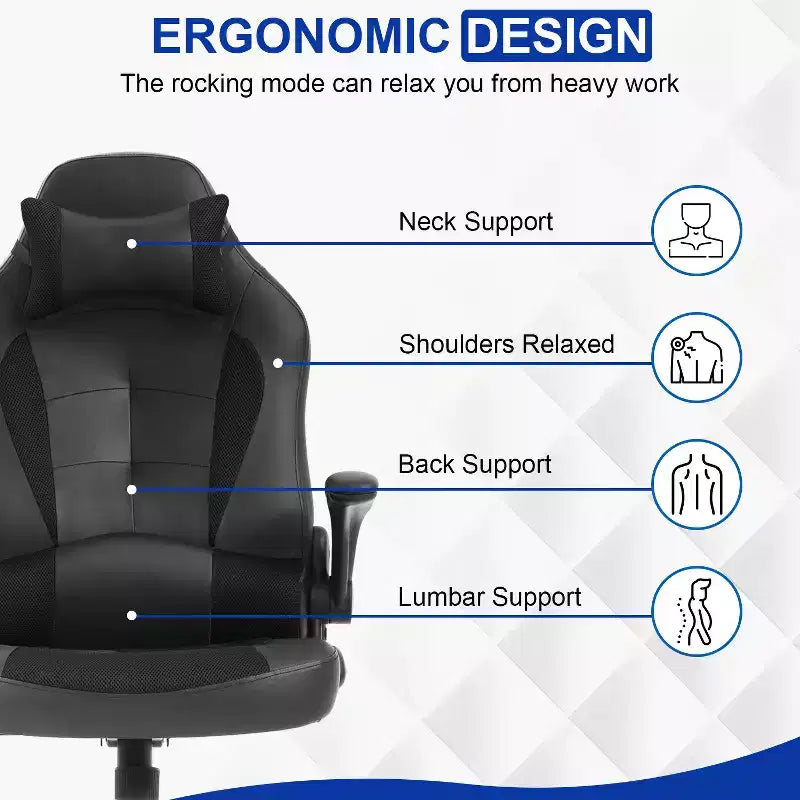 Chaise gaming BestMassage, chaise de bureau d'ordinateur avec soutien lombaire et appui-tête réglable et cuir PU, chaise gamer pour adultes