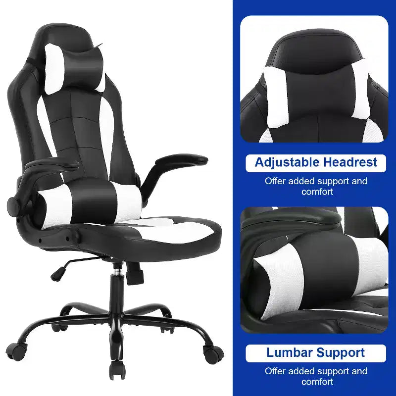 Chaise gaming BestMassage, chaise de bureau d'ordinateur avec soutien lombaire et appui-tête réglable et cuir PU, chaise gamer pour adultes