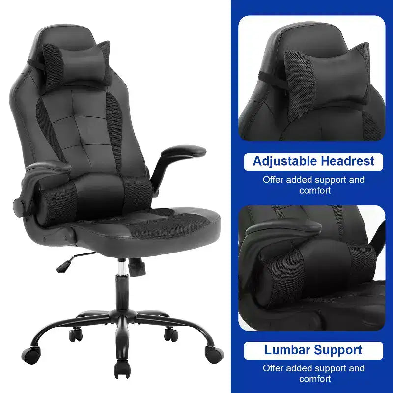 Chaise gaming BestMassage, chaise de bureau d'ordinateur avec soutien lombaire et appui-tête réglable et cuir PU, chaise gamer pour adultes
