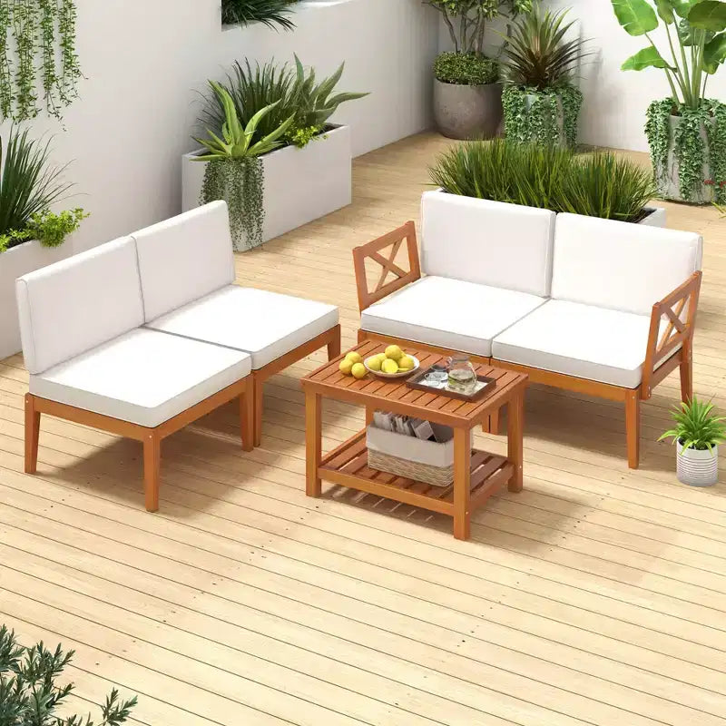 Ensemble de mobilier de patio Costway 5 pièces en bois d'acacia avec coussins et table basse à 2 niveaux