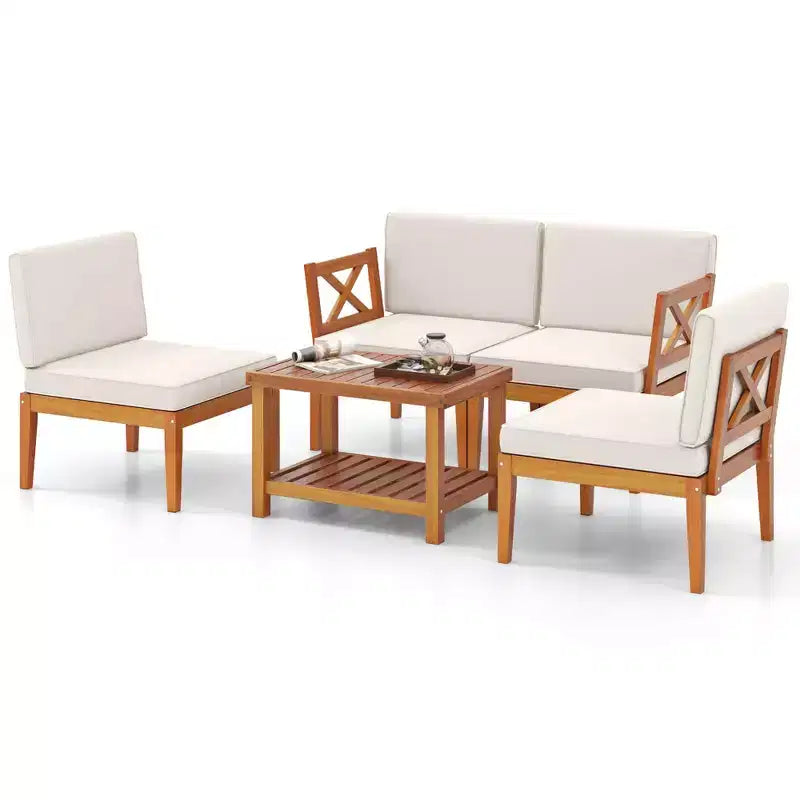 Ensemble de mobilier de patio Costway 5 pièces en bois d'acacia avec coussins et table basse à 2 niveaux