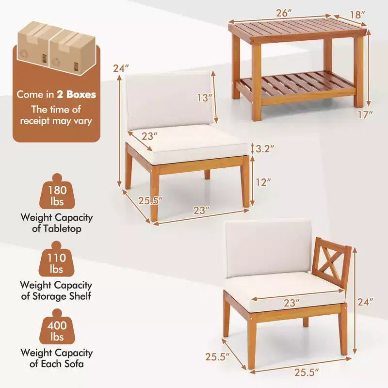 Ensemble de mobilier de patio Costway 5 pièces en bois d'acacia avec coussins et table basse à 2 niveaux