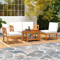 Ensemble de mobilier de patio Costway 5 pièces en bois d'acacia avec coussins et table basse à 2 niveaux