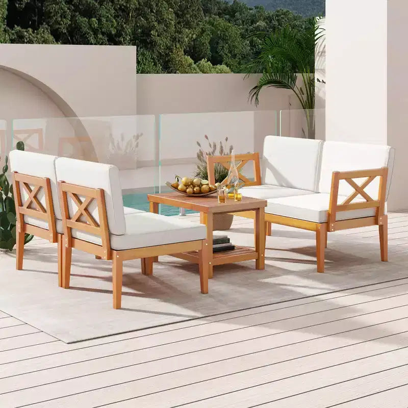 Ensemble de mobilier de patio Costway 5 pièces en bois d'acacia avec coussins et table basse à 2 niveaux