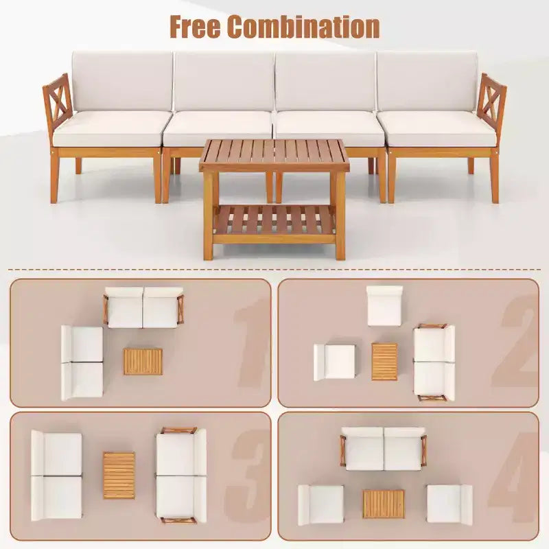 Ensemble de mobilier de patio Costway 5 pièces en bois d'acacia avec coussins et table basse à 2 niveaux