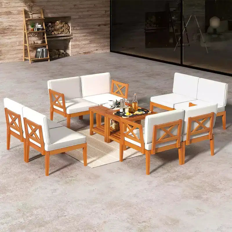 Costway Ensemble de Meubles de Patio en Bois d'Acacia 10 Pièces avec Coussins et Table Basse à 2 Niveaux