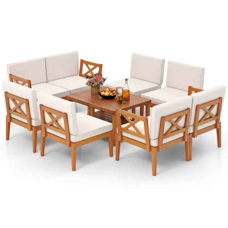 Costway Ensemble de Meubles de Patio en Bois d'Acacia 10 Pièces avec Coussins et Table Basse à 2 Niveaux