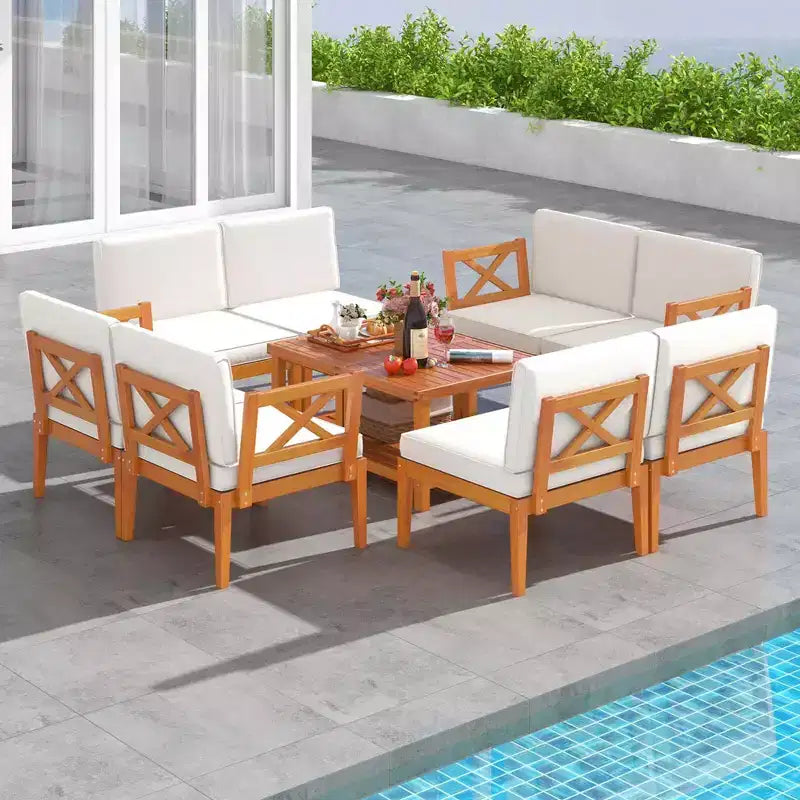 Costway Ensemble de Meubles de Patio en Bois d'Acacia 10 Pièces avec Coussins et Table Basse à 2 Niveaux