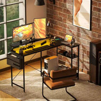 HOMCOM Bureau d'angle réversible en L de 147 cm avec sac de rangement, bureau d'ordinateur d'angle avec prise de courant et lumière LED, étagère pour moniteur et support d'unité centrale