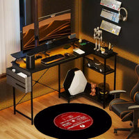 HOMCOM Bureau d'angle réversible en L de 147 cm avec sac de rangement, bureau d'ordinateur d'angle avec prise de courant et lumière LED, étagère pour moniteur et support d'unité centrale