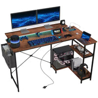 HOMCOM Bureau d'angle réversible en L de 147 cm avec sac de rangement, bureau d'ordinateur d'angle avec prise de courant et lumière LED, étagère pour moniteur et support d'unité centrale