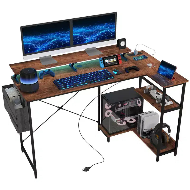 HOMCOM Bureau d'angle réversible en L de 147 cm avec sac de rangement, bureau d'ordinateur d'angle avec prise de courant et lumière LED, étagère pour moniteur et support d'unité centrale