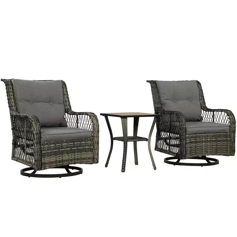 Outsunny Ensemble bistro en résine tressée, 3 pièces, ensemble de mobilier de terrasse avec chaises à bascule pivotantes et table de rangement, coussins épaissis pour balcon, porche