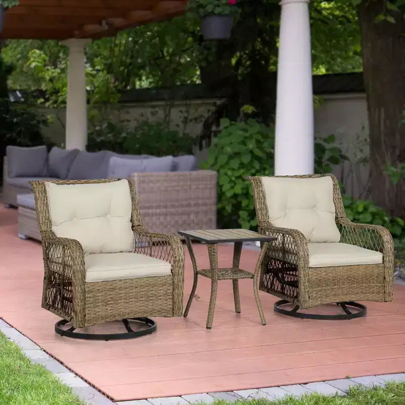 Outsunny Ensemble bistro en résine tressée, 3 pièces, ensemble de mobilier de terrasse avec chaises à bascule pivotantes et table de rangement, coussins épaissis pour balcon, porche