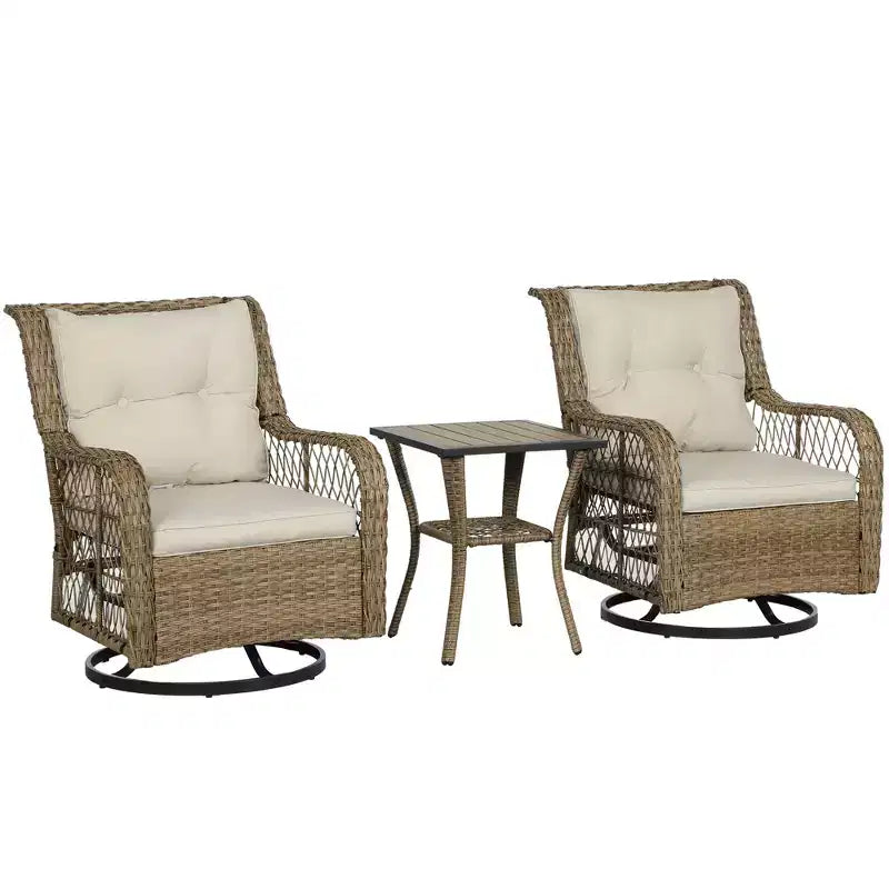 Outsunny Ensemble bistro en résine tressée, 3 pièces, ensemble de mobilier de terrasse avec chaises à bascule pivotantes et table de rangement, coussins épaissis pour balcon, porche