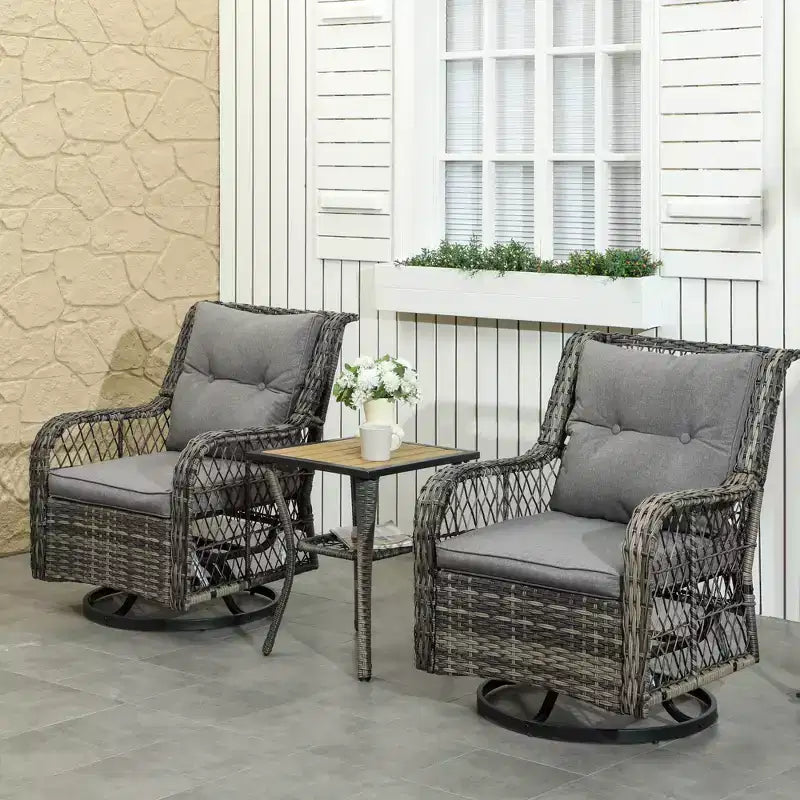 Outsunny Ensemble bistro en résine tressée, 3 pièces, ensemble de mobilier de terrasse avec chaises à bascule pivotantes et table de rangement, coussins épaissis pour balcon, porche