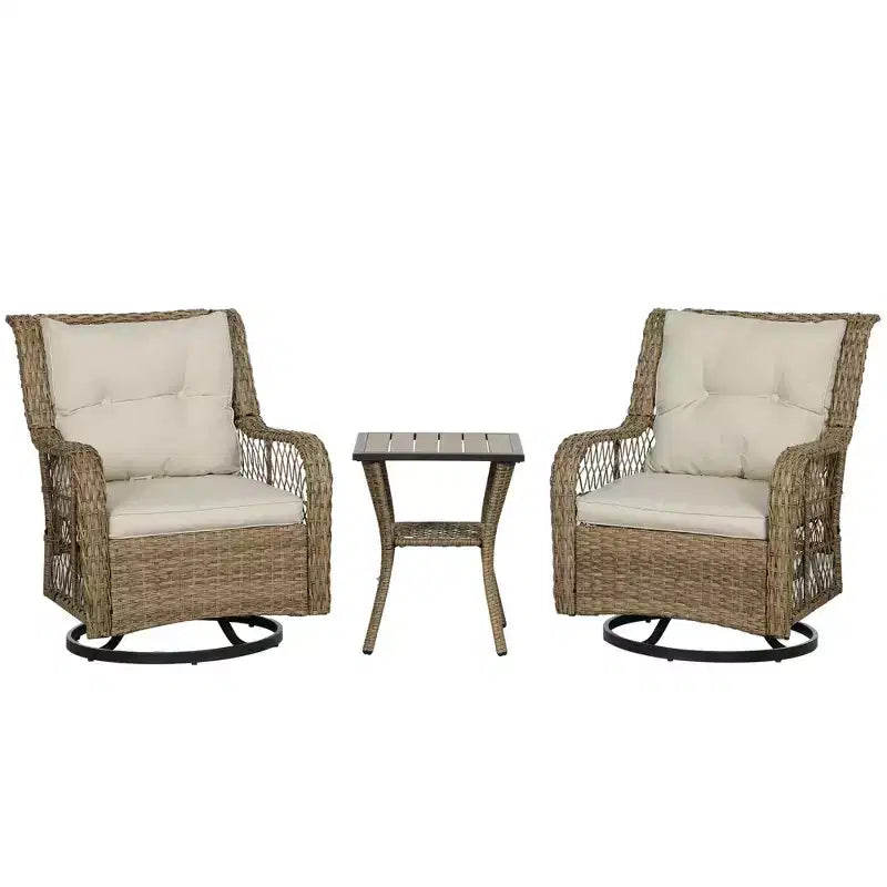 Outsunny Wicker Bistro Set, 3 Piece Patio Furniture Set with Swivel Rocking Chairs and Storage Table, Thickened Cushions for Balcony, Porch