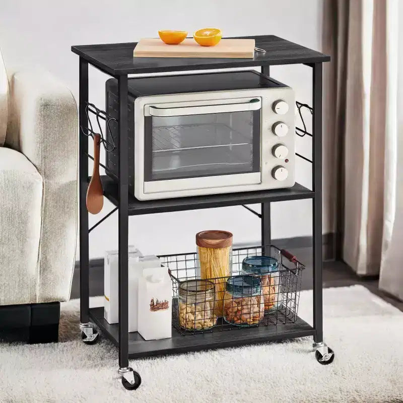 Étagère de cuisine à roulettes, Desserte de service à 3 niveaux, Chariot de cuisine, Étagère pour micro-ondes, pour Mini Four, Grille-pain, avec 6 Crochets