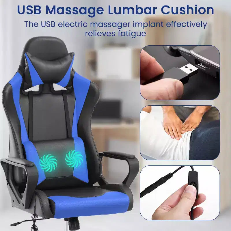 Chaise de bureau BestMassage Gaming Chair à dossier haut avec support lombaire, fonction massage et roulettes en cuir PU pour adultes et adolescents