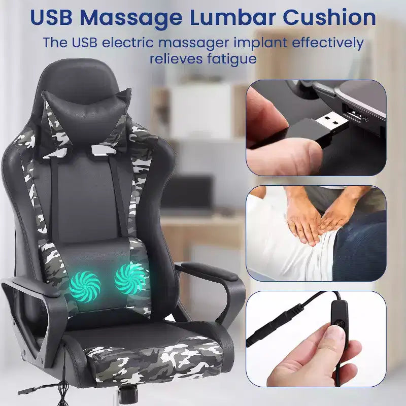 Chaise de bureau BestMassage Gaming Chair à dossier haut avec support lombaire, fonction massage et roulettes en cuir PU pour adultes et adolescents