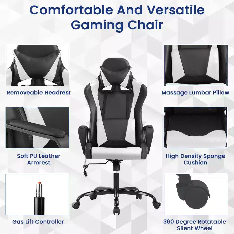 Chaise de bureau BestMassage Gaming Chair à dossier haut avec support lombaire, fonction massage et roulettes en cuir PU pour adultes et adolescents