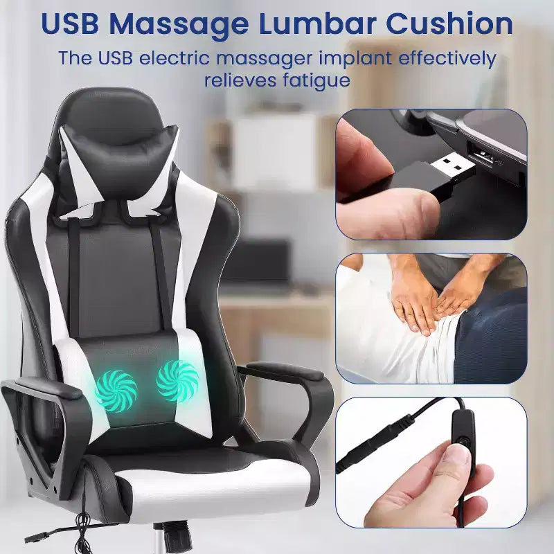 Chaise de bureau BestMassage Gaming Chair à dossier haut avec support lombaire, fonction massage et roulettes en cuir PU pour adultes et adolescents