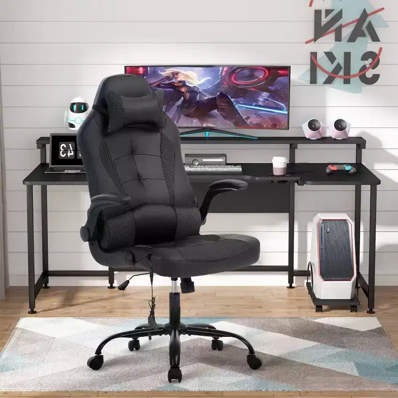 Chaise de jeu BestMassage, chaise de bureau avec support lombaire, revêtement en similicuir et base pivotante à roulettes pour le jeu sur PC et l'utilisation exécutive