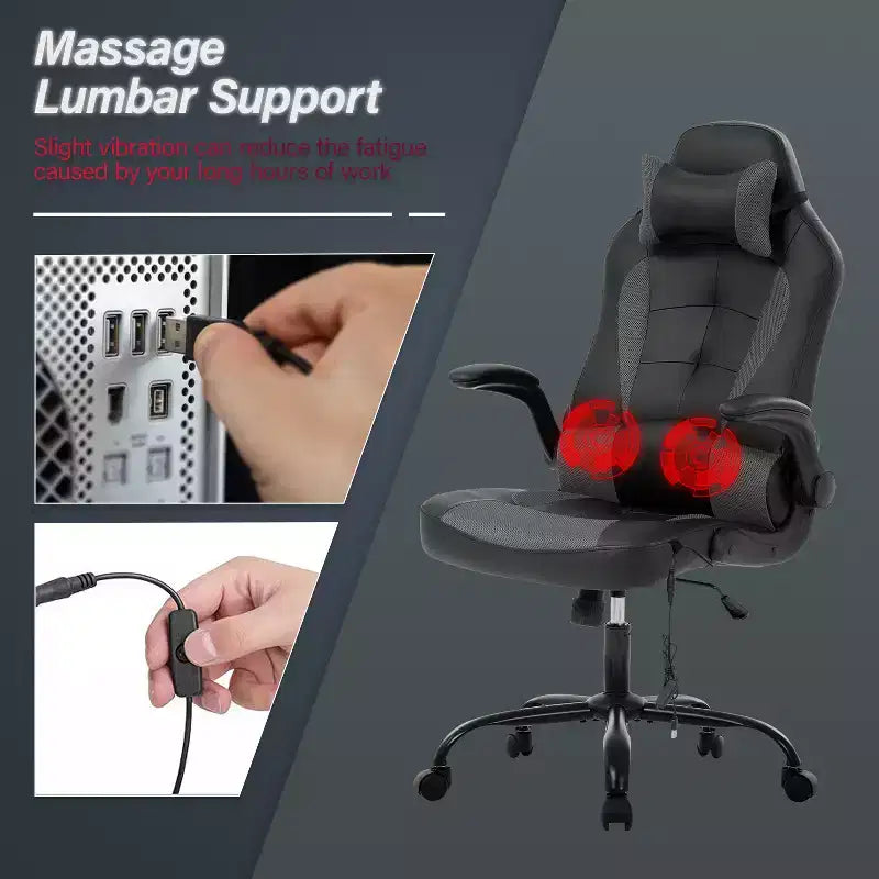 Chaise de jeu BestMassage, chaise de bureau avec support lombaire, revêtement en similicuir et base pivotante à roulettes pour le jeu sur PC et l'utilisation exécutive