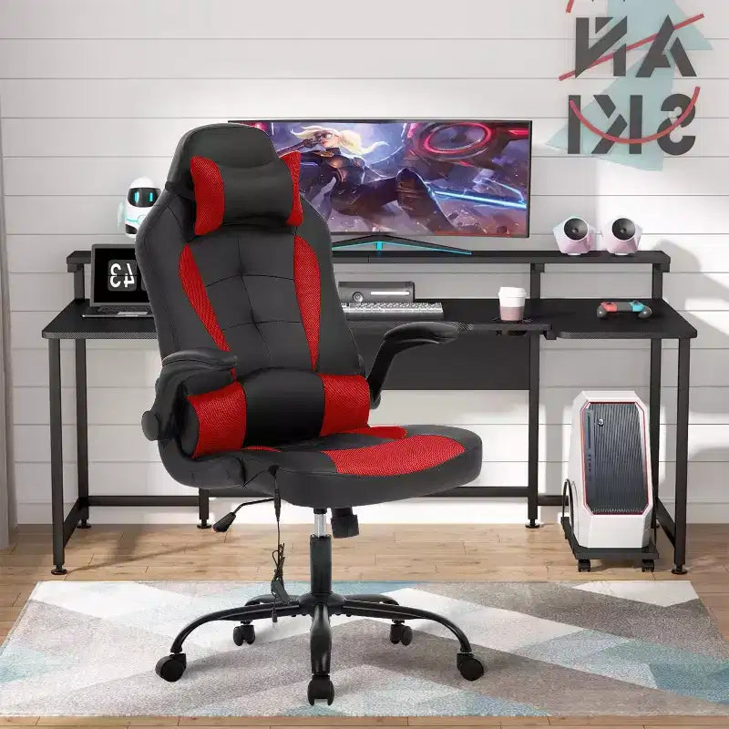 Chaise de jeu BestMassage, chaise de bureau avec support lombaire, revêtement en similicuir et base pivotante à roulettes pour le jeu sur PC et l'utilisation exécutive