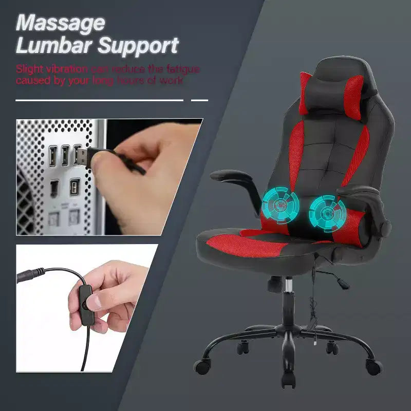 Chaise de jeu BestMassage, chaise de bureau avec support lombaire, revêtement en similicuir et base pivotante à roulettes pour le jeu sur PC et l'utilisation exécutive