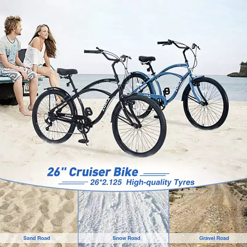 Vélo Cruiser 26 Pouces, 7 Vitesses Couleurs Multiples Vélo de Plage Homme Femme avec Freins V Avant et Arrière