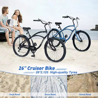 Vélo de croisière 26 pouces, 7 vitesses, multicolore, vélo de croisière de plage homme femme avec freins V avant et arrière