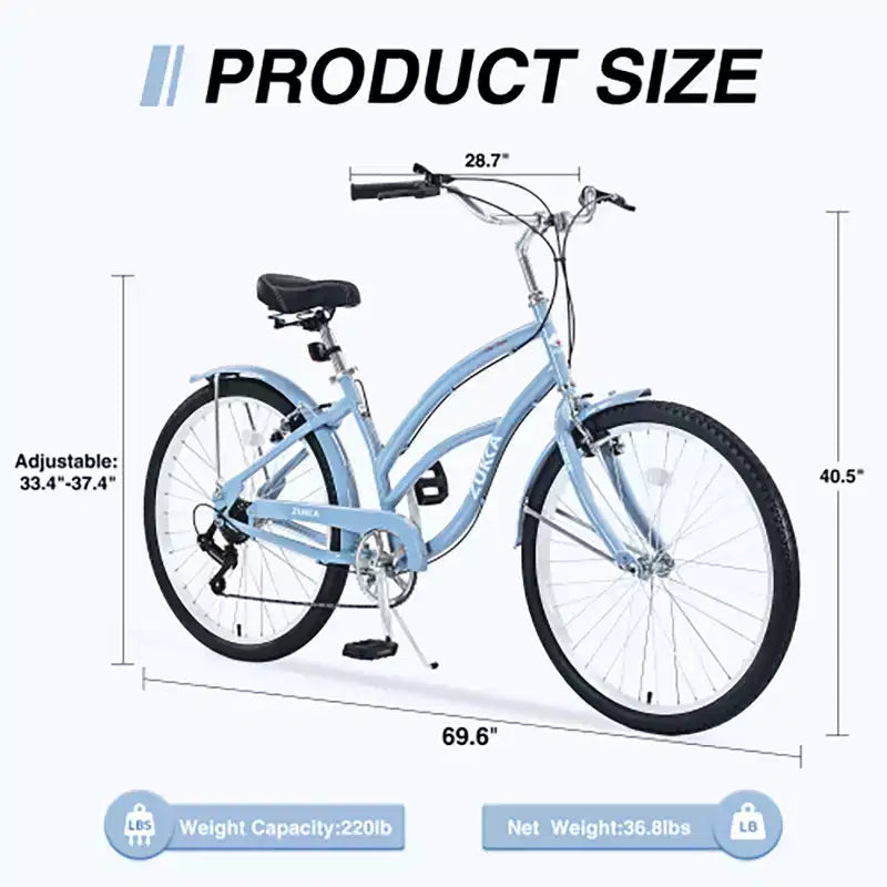 Vélo de croisière 26 pouces, 7 vitesses, multicolore, vélo de croisière de plage homme femme avec freins V avant et arrière