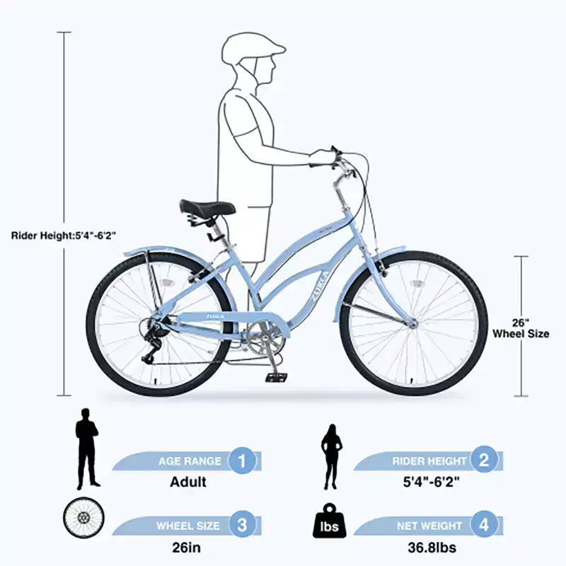 Vélo de croisière 26 pouces, 7 vitesses, multicolore, vélo de croisière de plage homme femme avec freins V avant et arrière