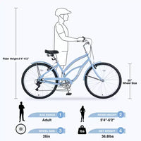 Vélo de croisière 26 pouces, 7 vitesses, multicolore, vélo de croisière de plage homme femme avec freins V avant et arrière