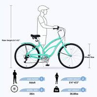 Vélo de croisière 26 pouces, 7 vitesses, multicolore, vélo de croisière de plage homme femme avec freins V avant et arrière
