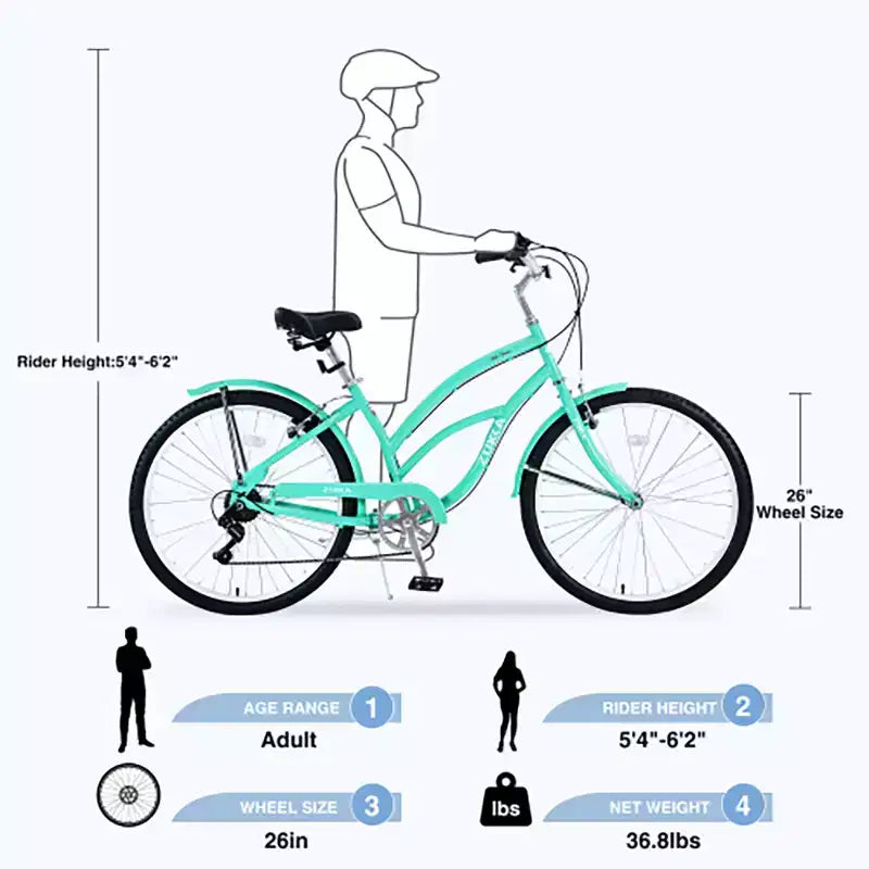 Vélo de croisière 26 pouces, 7 vitesses, multicolore, vélo de croisière de plage homme femme avec freins V avant et arrière