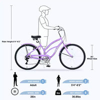 Vélo de croisière 26 pouces, 7 vitesses, multicolore, vélo de croisière de plage homme femme avec freins V avant et arrière