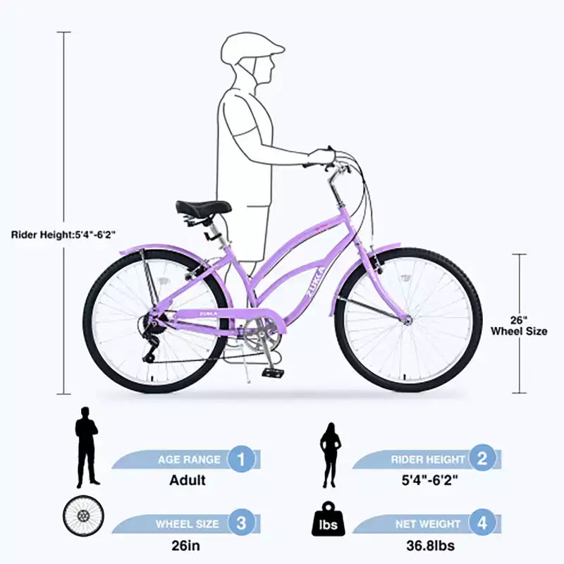 Vélo de croisière 26 pouces, 7 vitesses, multicolore, vélo de croisière de plage homme femme avec freins V avant et arrière