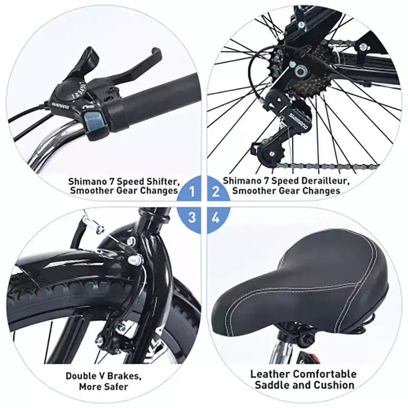 Vélo de croisière 26 pouces, 7 vitesses, multicolore, vélo de croisière de plage homme femme avec freins V avant et arrière