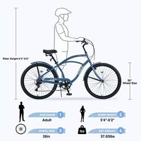 Vélo de croisière 26 pouces, 7 vitesses, multicolore, vélo de croisière de plage homme femme avec freins V avant et arrière