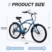 Vélo de croisière 26 pouces, 7 vitesses, multicolore, vélo de croisière de plage homme femme avec freins V avant et arrière