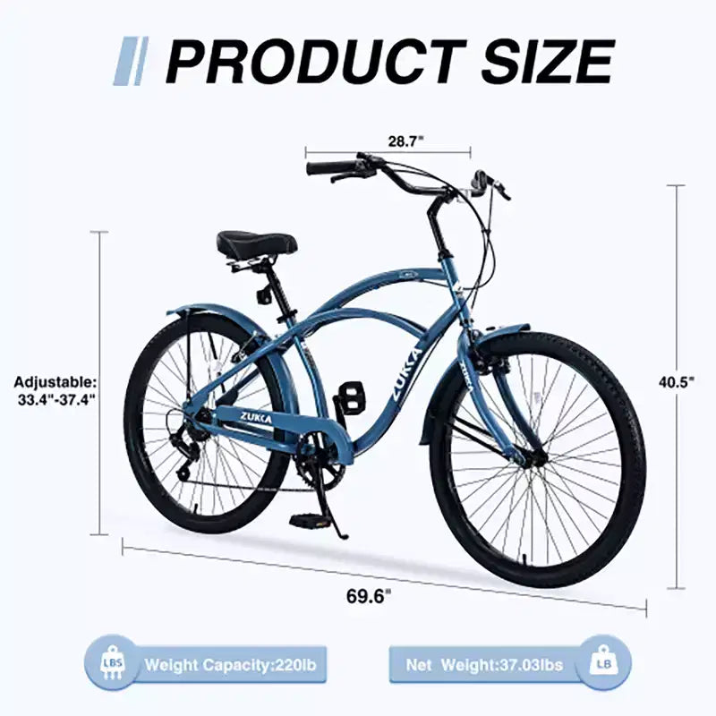 Vélo de croisière 26 pouces, 7 vitesses, multicolore, vélo de croisière de plage homme femme avec freins V avant et arrière