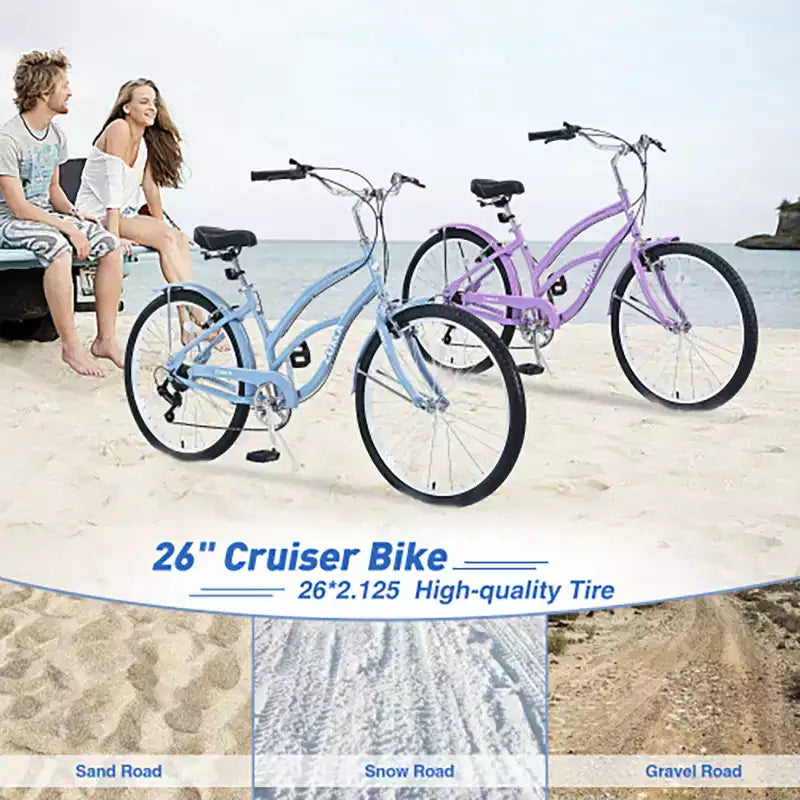 Vélo de croisière 26 pouces, 7 vitesses, multicolore, vélo de croisière de plage homme femme avec freins V avant et arrière