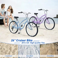 Vélo de croisière 26 pouces, 7 vitesses, multicolore, vélo de croisière de plage homme femme avec freins V avant et arrière