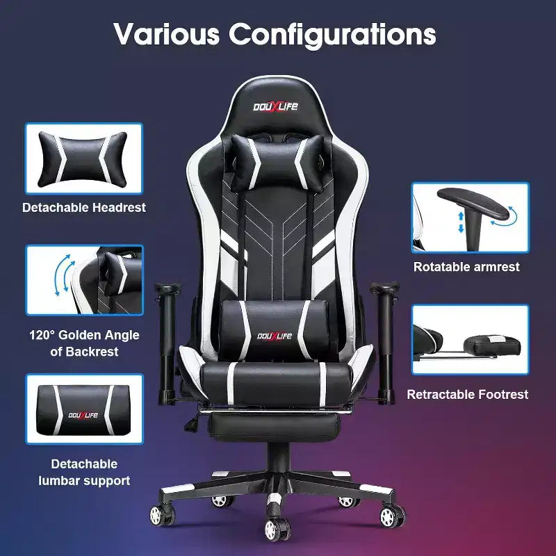 Chaise gaming ergonomique Douxlife moderne à massage 7 points avec repose-pieds et accoudoirs réglables, noir blanc