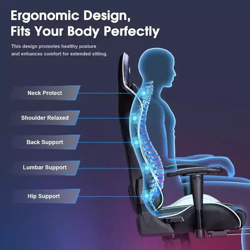 Chaise gaming ergonomique Douxlife moderne à massage 7 points avec repose-pieds et accoudoirs réglables, noir blanc
