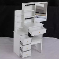 Coiffeuse petite taille à gauche avec tabouret rembourré, grand miroir coulissant, multi-couches
